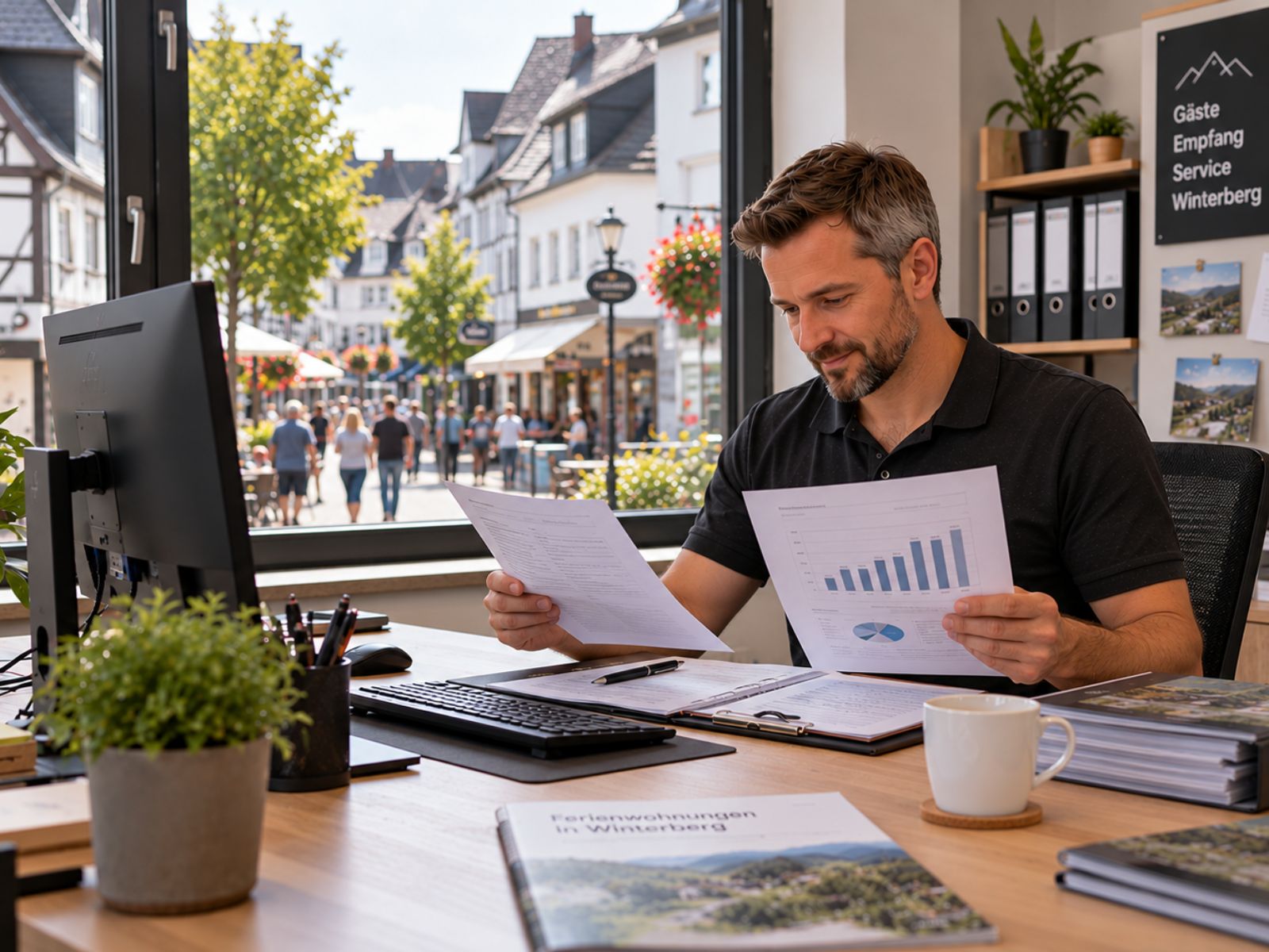 Ansprechpartner prüft am Schreibtisch Abrechnung und Auswertung für eine Ferienwohnung