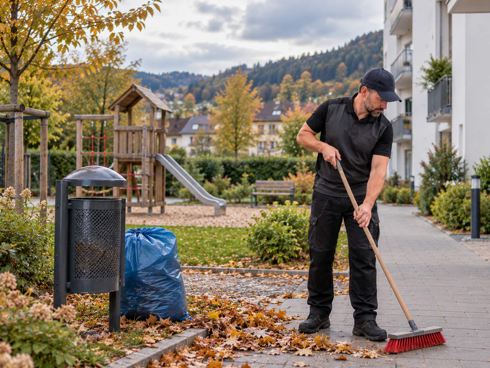 Hausmeister kehrt Herbstlaub vom gepflasterten Weg einer Wohnanlage