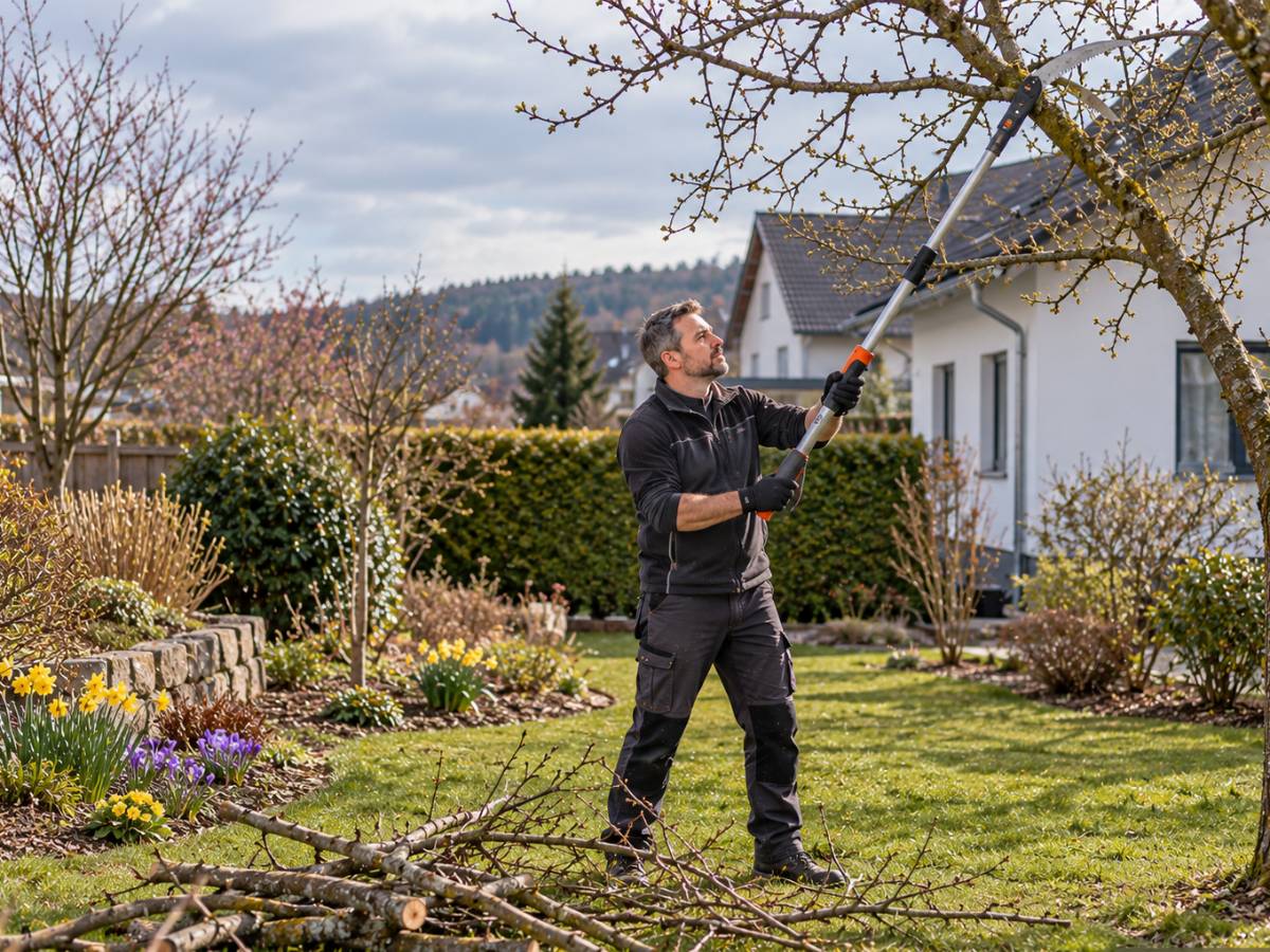 Gärtner schneidet mit einer Teleskop-Astsäge einen Obstbaum im Garten zurück
