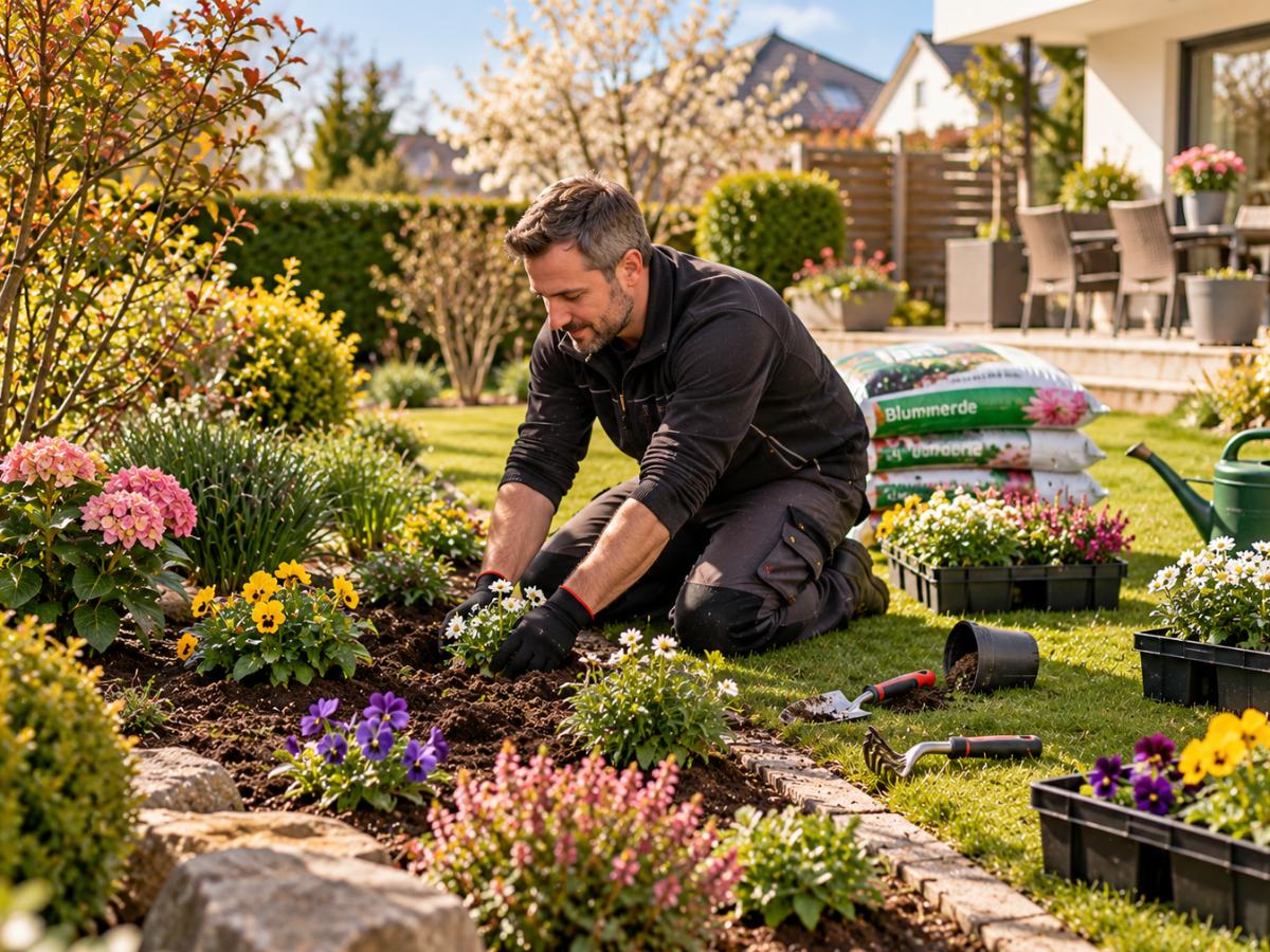 Gärtner setzt im Frühjahr neue Blumen in ein frisch vorbereitetes Gartenbeet