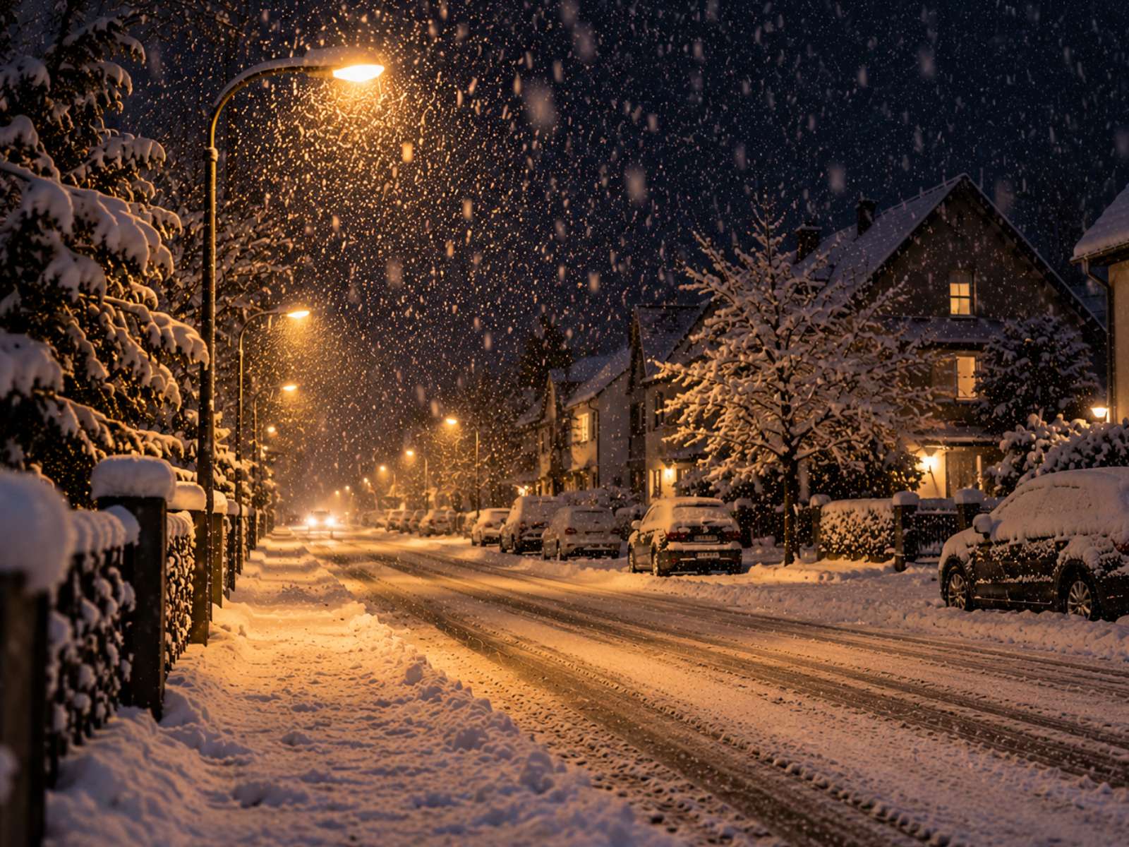 Verschneite Wohnstraße bei Nacht mit Straßenlaternen und starkem Schneefall