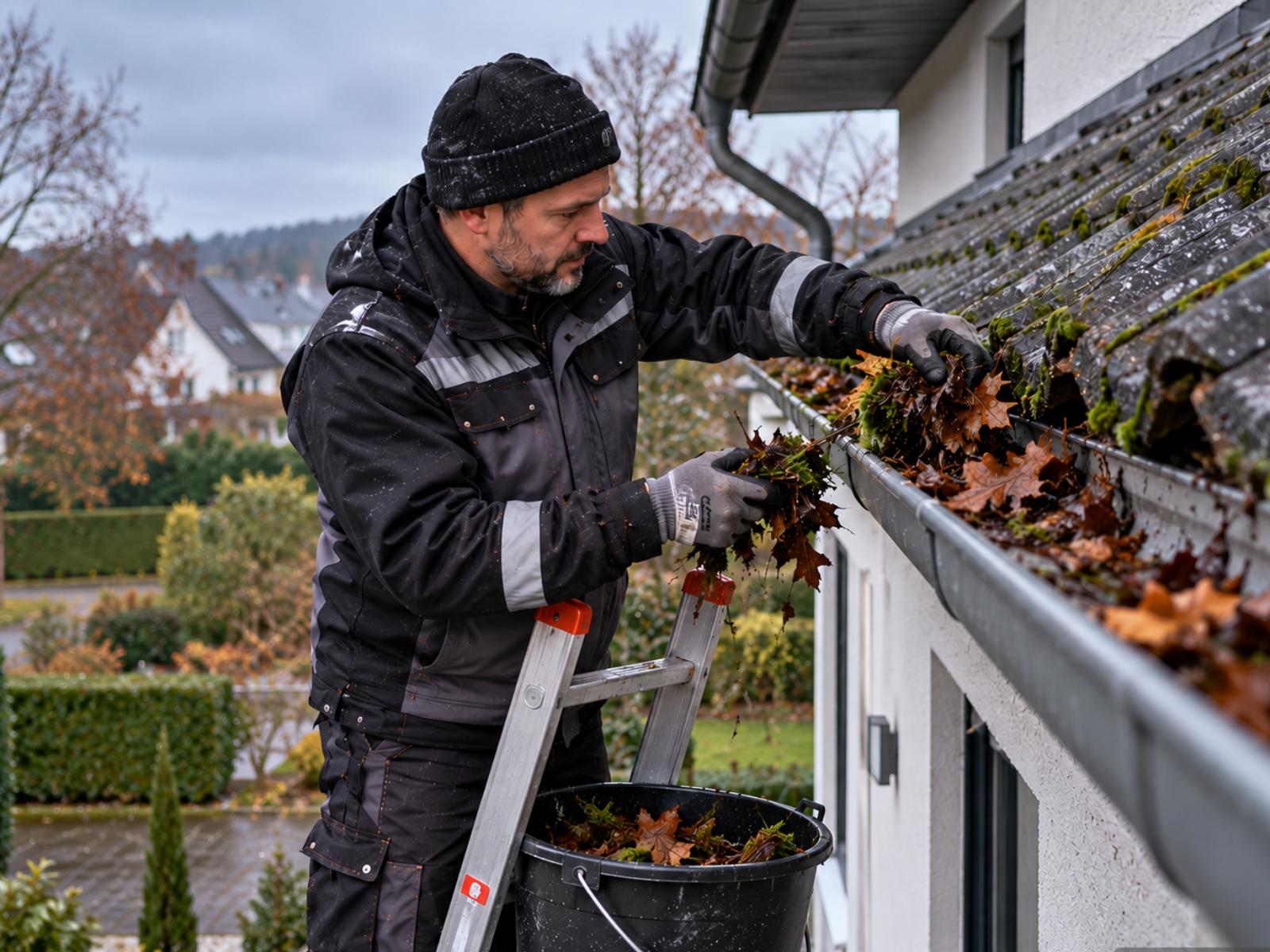 Hausmeister entfernt auf der Leiter Laub aus der Dachrinne eines Wohnhauses