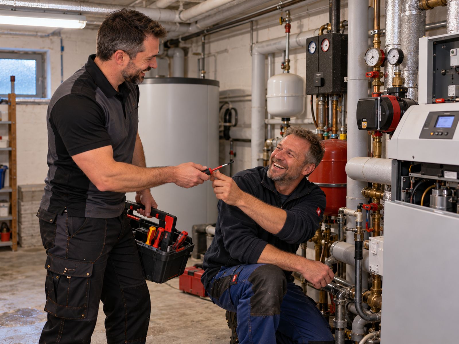 Hausmeister übergibt einem Heizungsinstallateur im Technikraum ein Werkzeug
