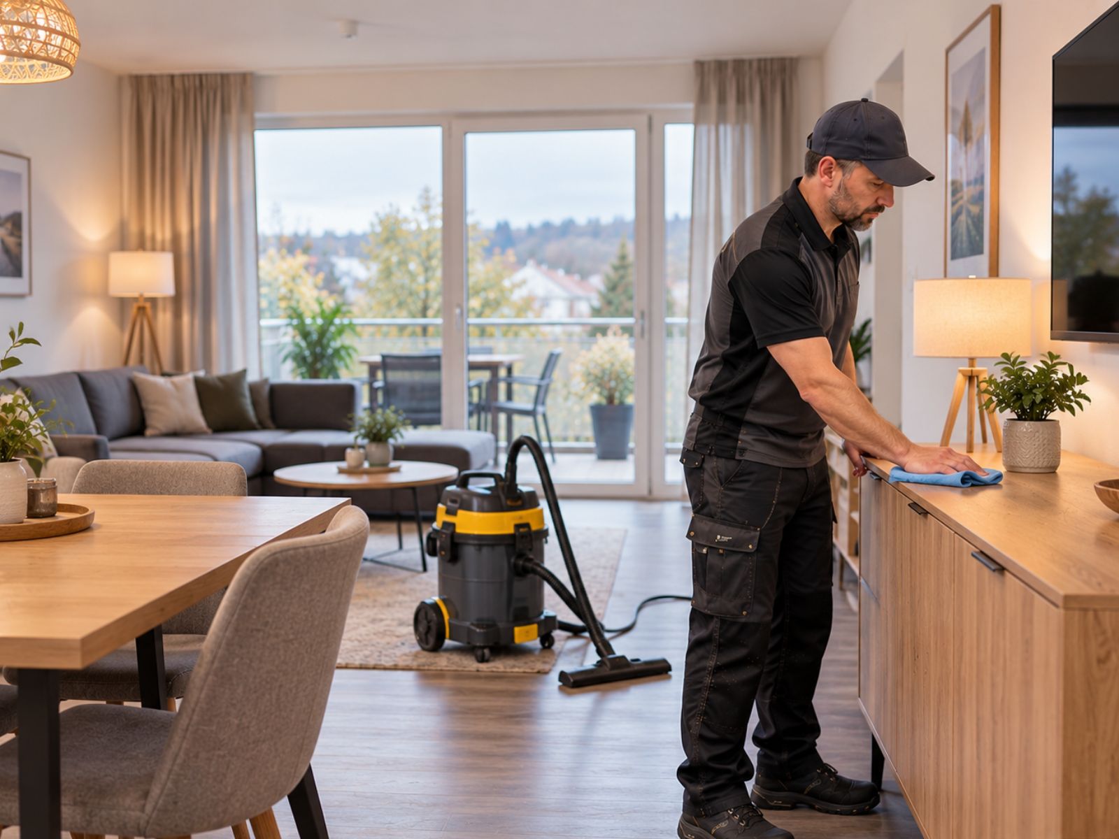 Cleaner dusting the sideboard in a bright holiday apartment