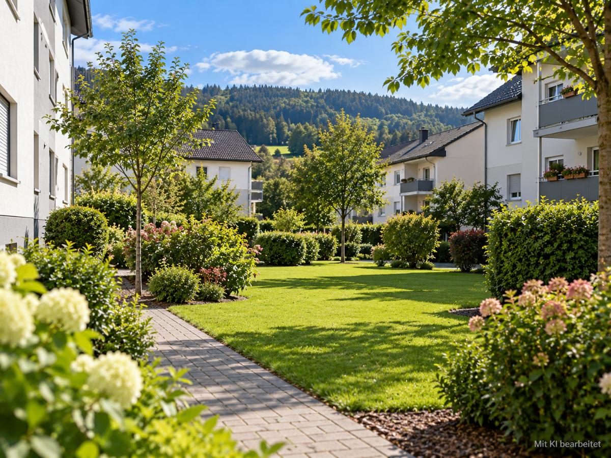 Gepflegter Rasen mit Plattenweg und Beeten vor Wohnhäusern im Sauerland