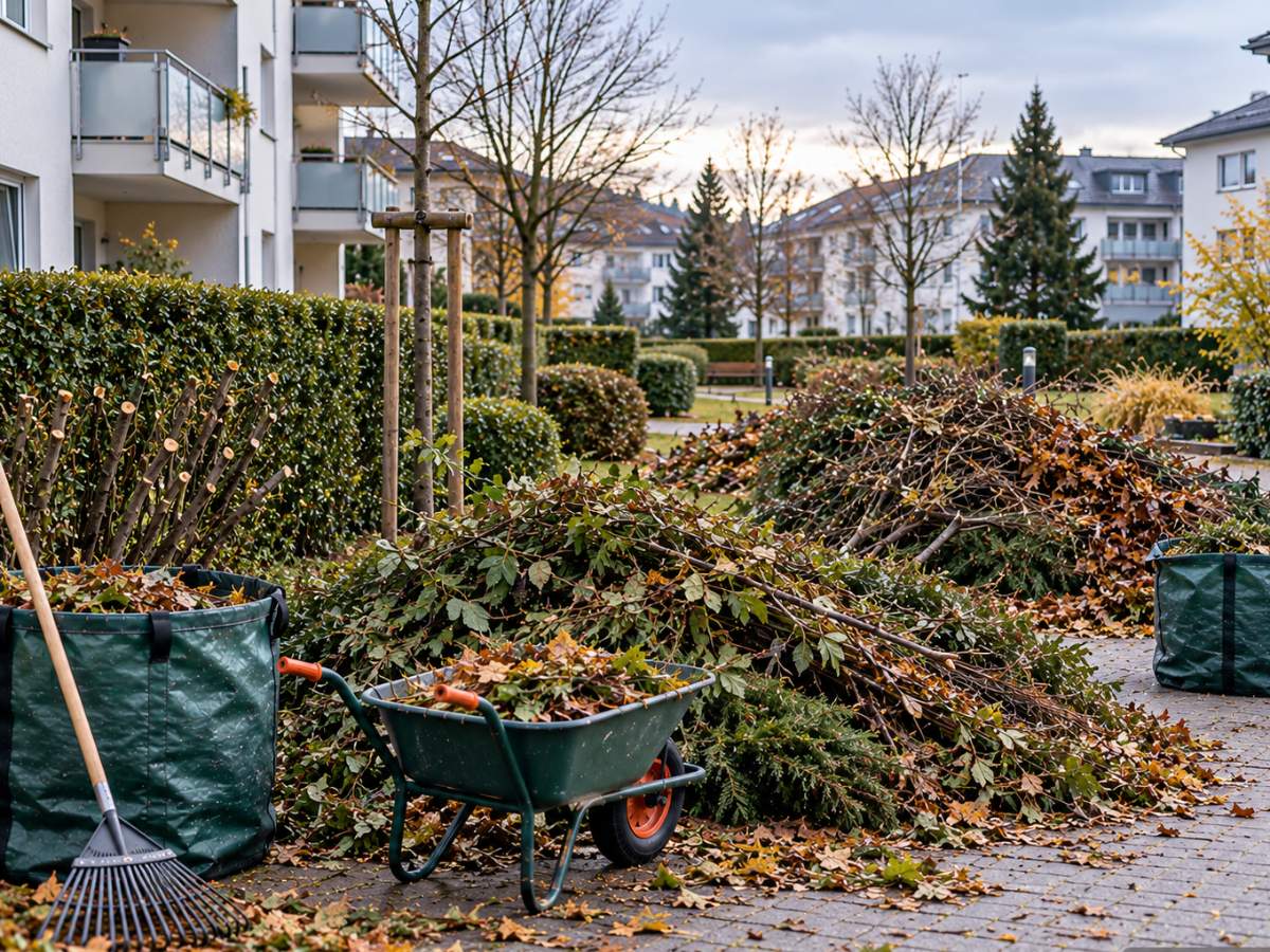 Grünschnitt mit Schubkarre, Gartensäcken und Rechen in einer Wohnanlage