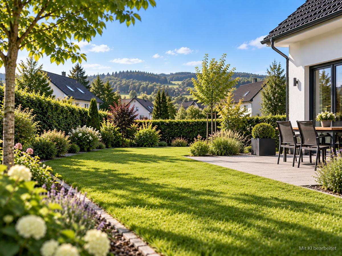 Gepflegter Garten mit Rasen, Hecken und Terrasse am Einfamilienhaus im Sauerland