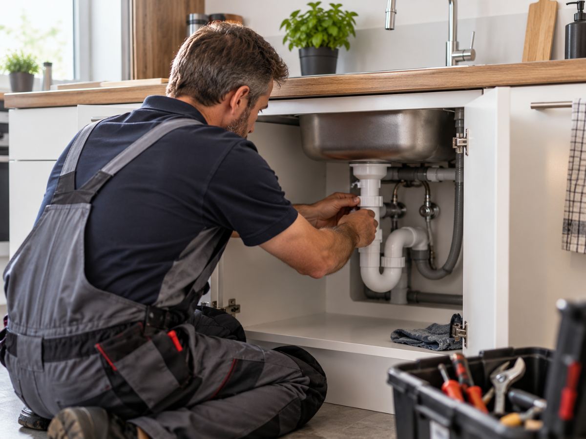 Hausmeister repariert den Siphon unter einer Küchenspüle
