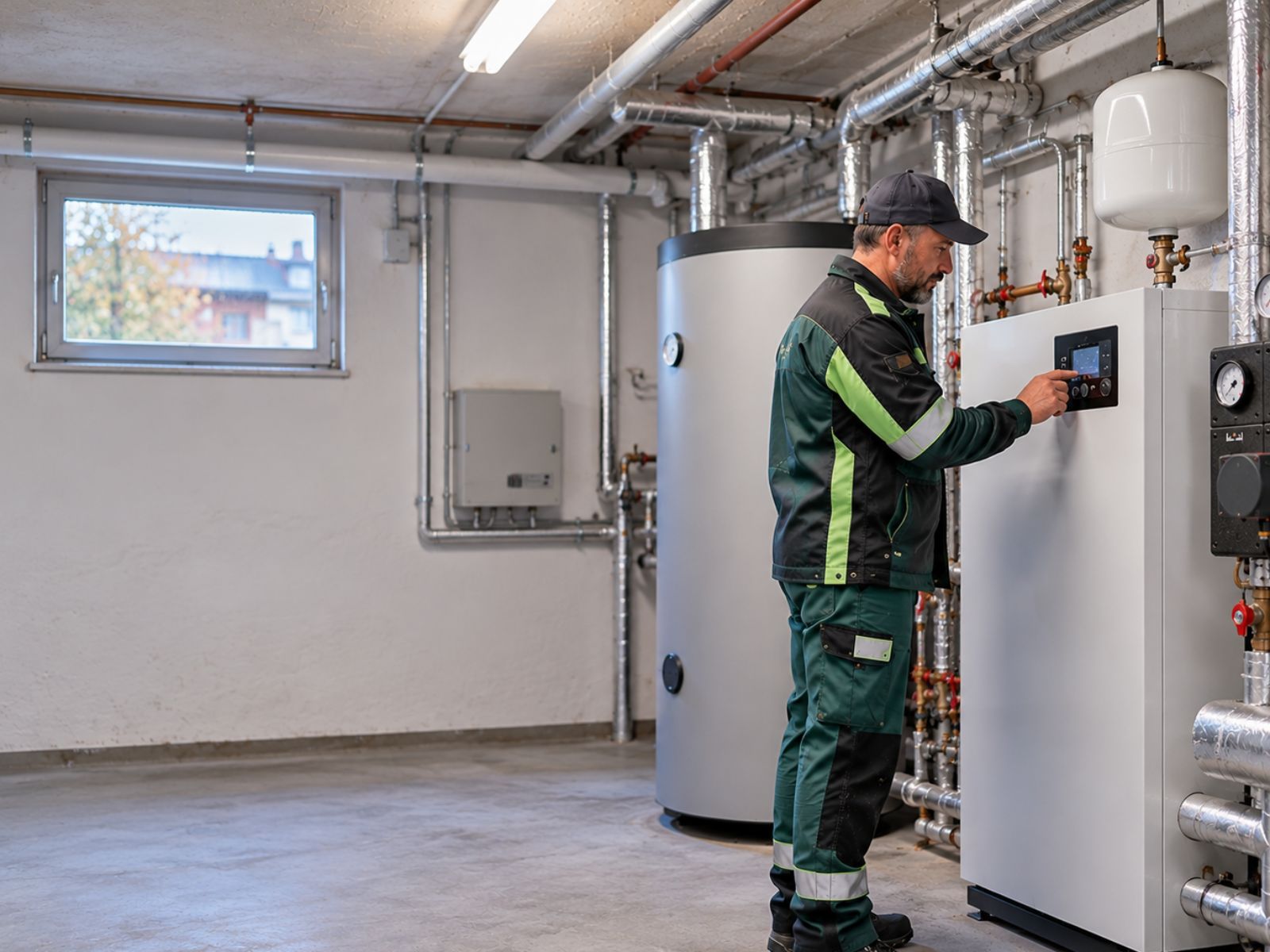 Hausmeister kontrolliert die Heizungsanlage im Technikraum eines Wohngebäudes