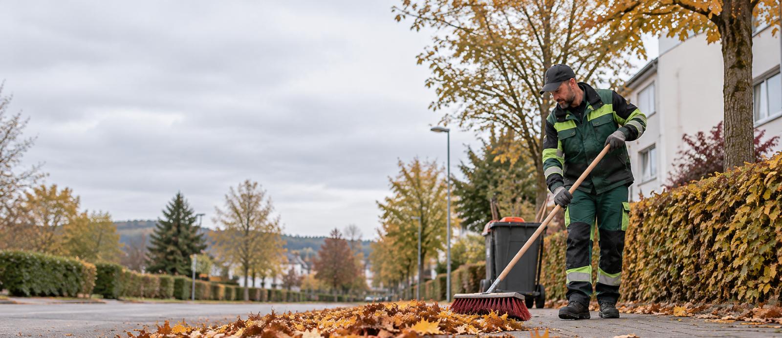 Hausmeister fegt Herbstlaub von einem Gehweg im Sauerland