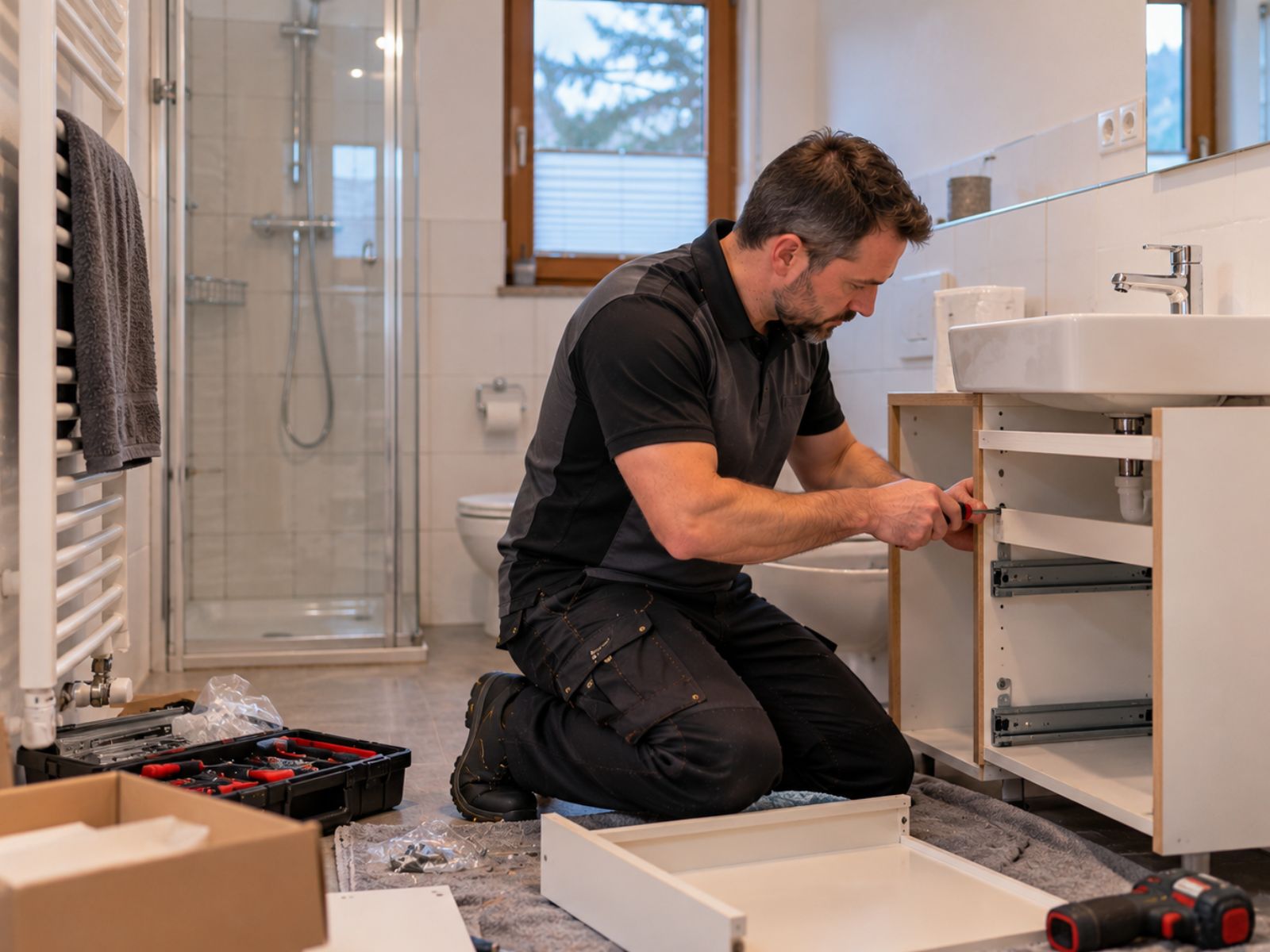 Hausmeister montiert einen Waschtischunterschrank im Badezimmer