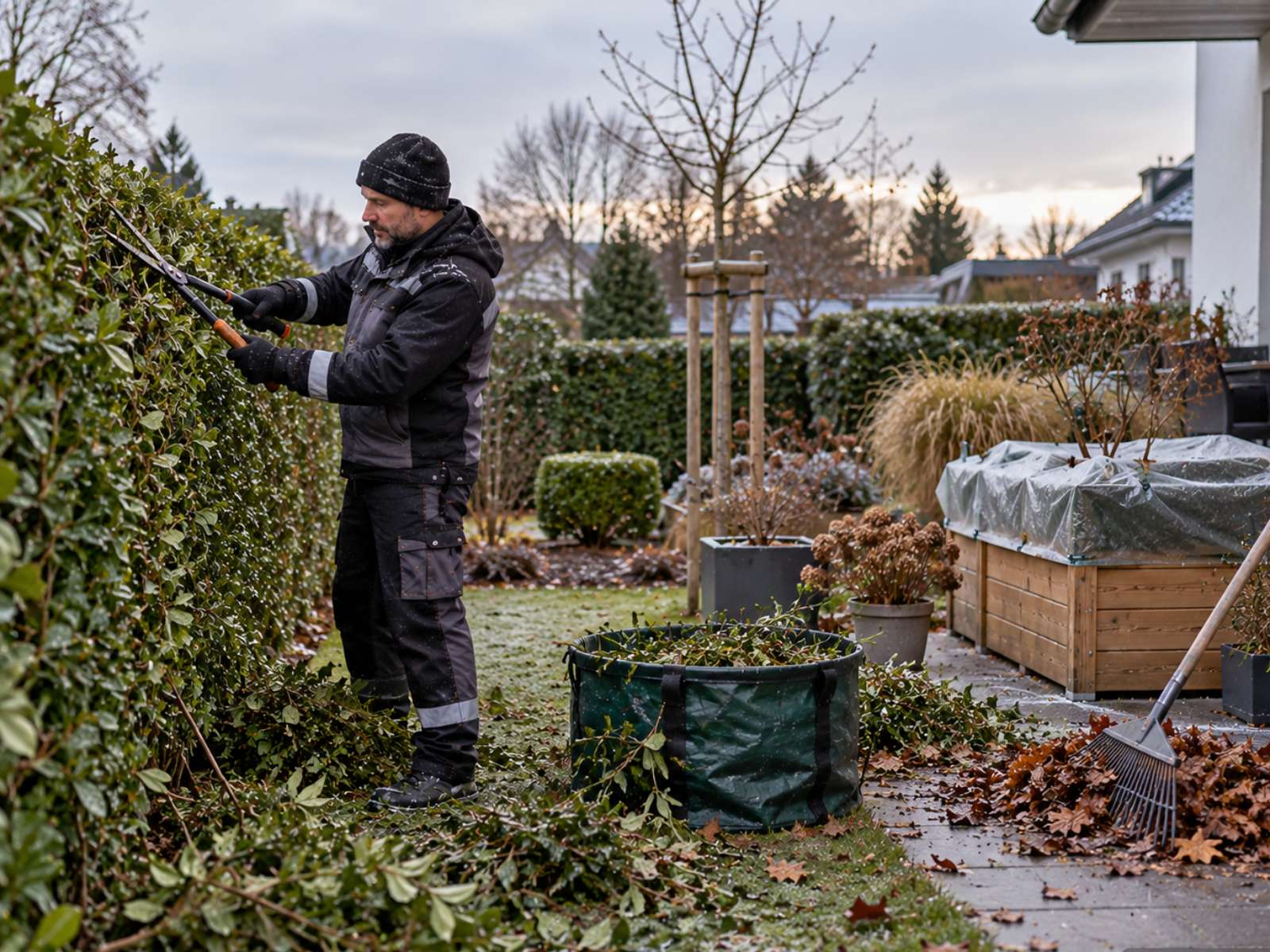 Hausmeister schneidet im Herbst eine Hecke zurück, daneben ein Sack mit Grünschnitt