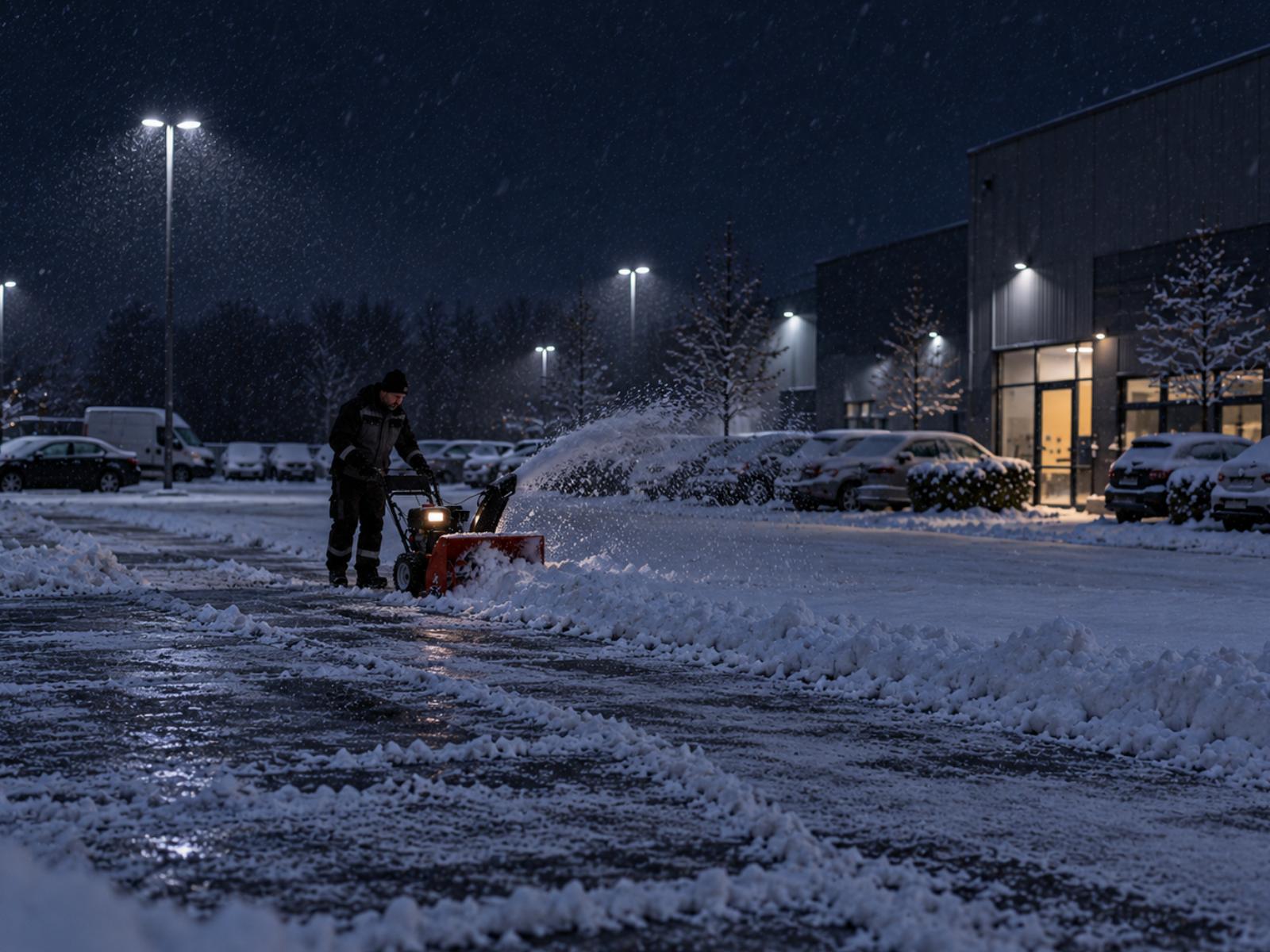 Hausmeister räumt nachts mit der Schneefräse den Parkplatz vor einem Gewerbegebäude