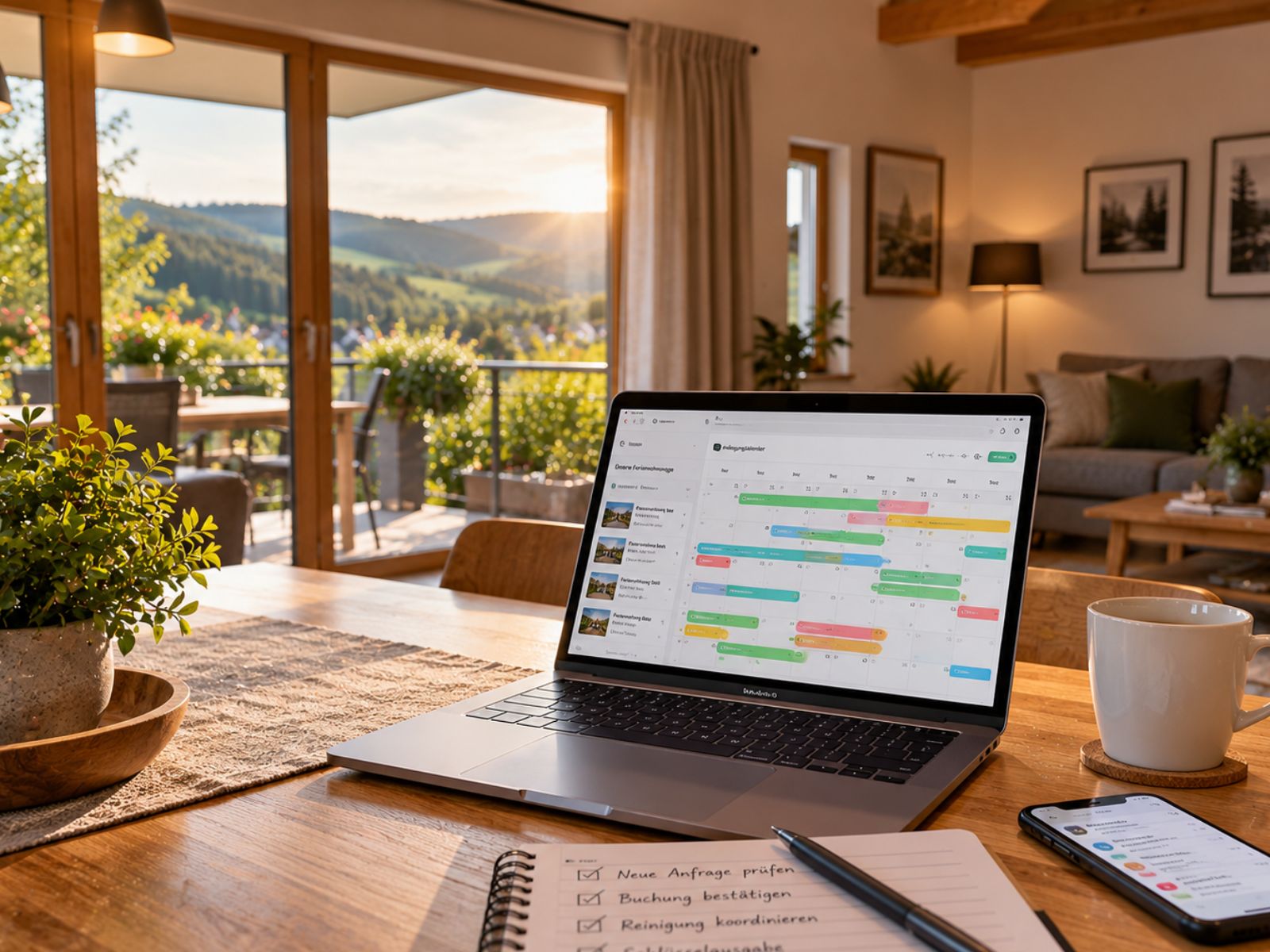 Laptop mit Belegungskalender für Ferienwohnungen auf einem Esstisch, daneben Notizblock und Smartphone