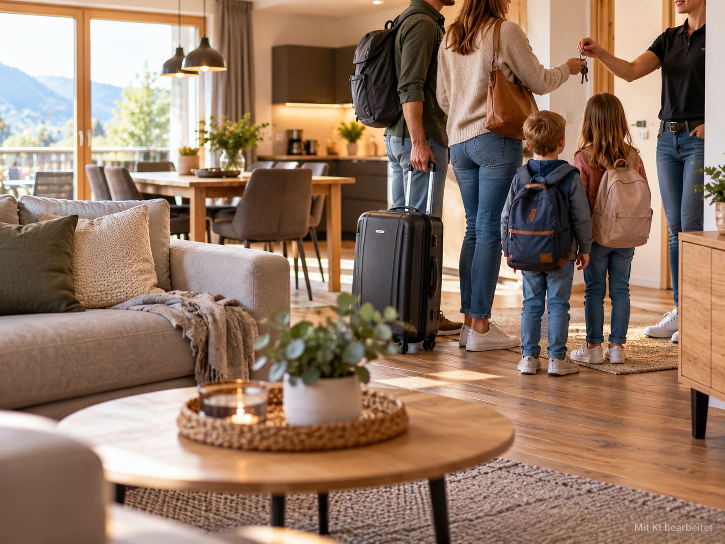 Familie mit Koffern kommt in einer hellen Ferienwohnung an
