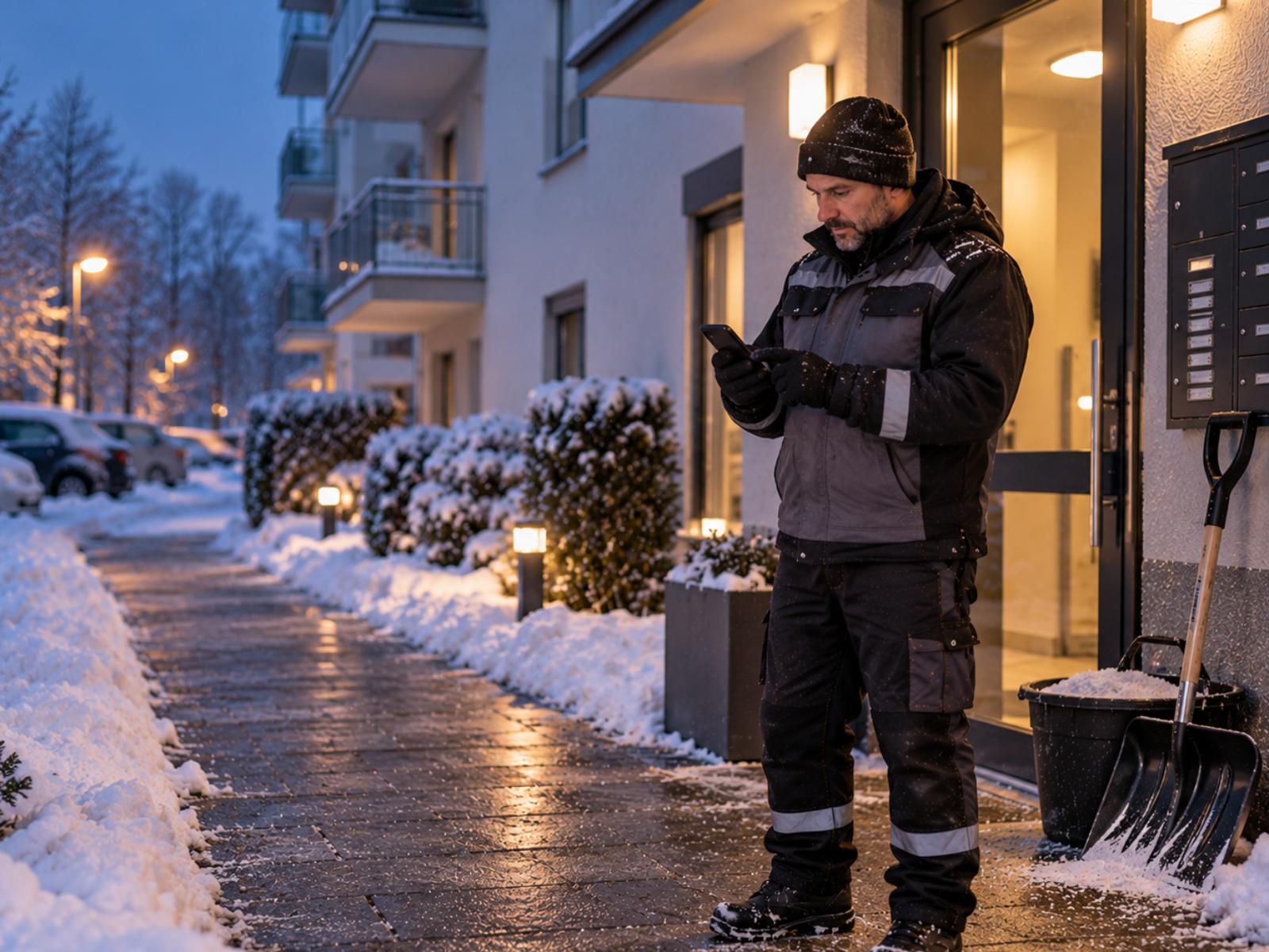 Hausmeister dokumentiert den Winterdiensteinsatz auf dem Smartphone vor einem Hauseingang