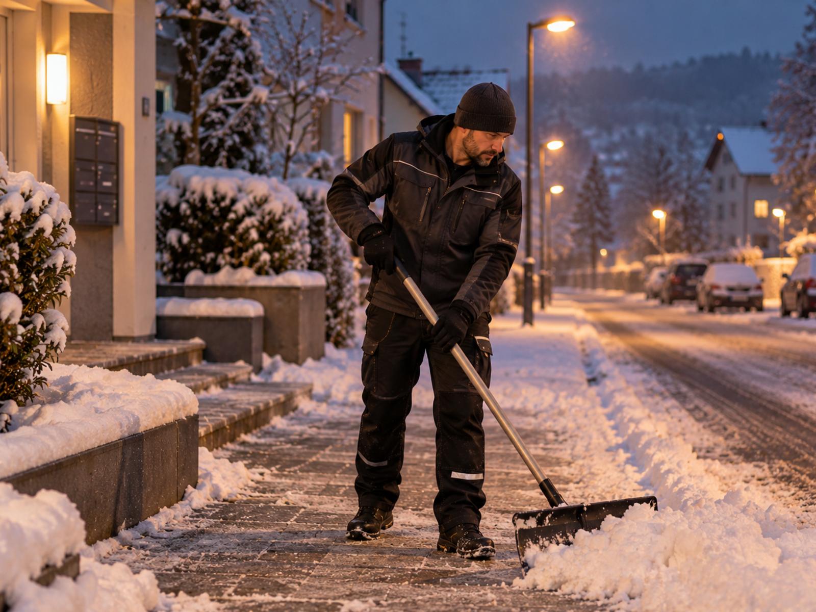 Hausmeister räumt Schnee vom Gehweg vor dem Hauseingang eines Wohnhauses