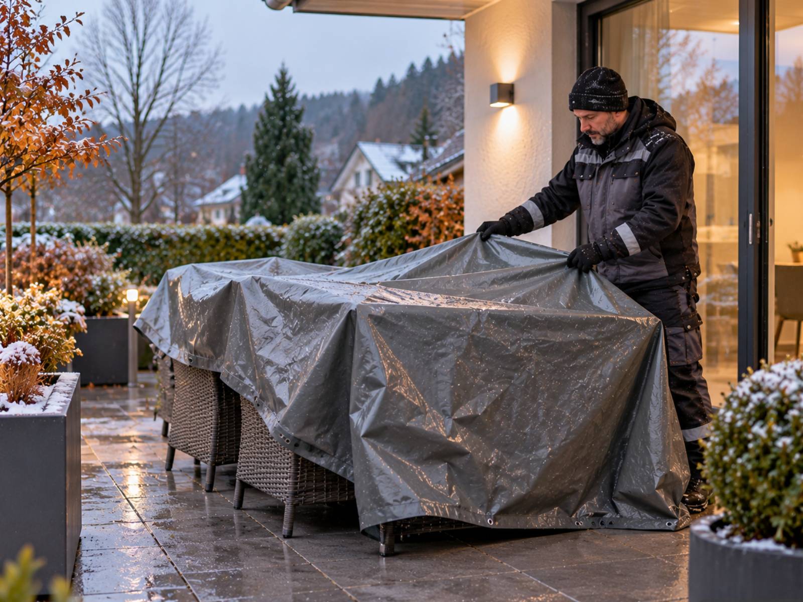 Hausmeister deckt die Terrassenmöbel für den Winter mit einer Schutzplane ab